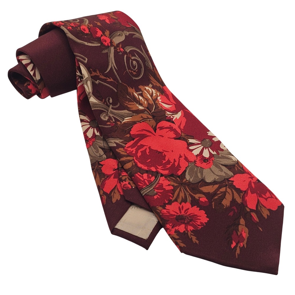Vintage Pancaldi for Marek Italian Silk Tie Burgundy Floral Dark Academia Formal